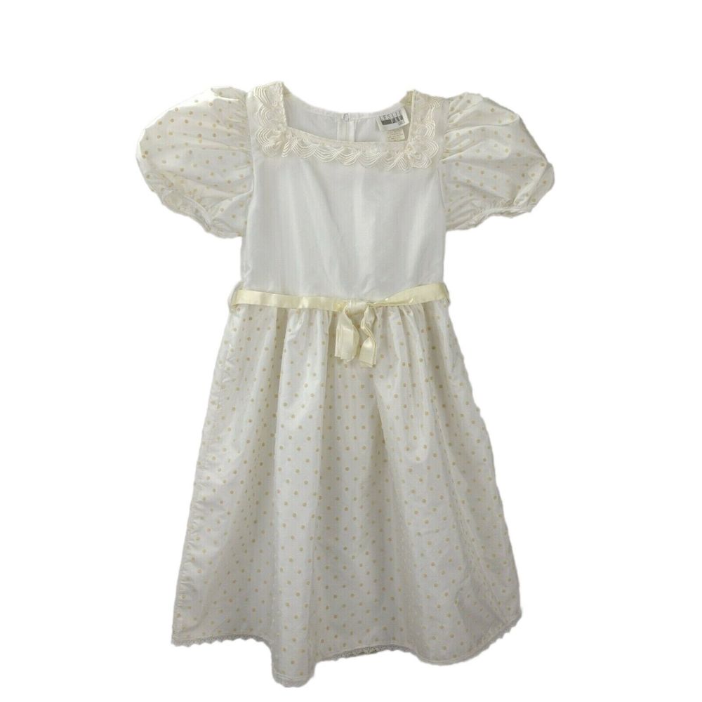 Vintage 90s Leslie Fay White Party Dress Size 7 Flocked Dot Satin Puff Sleeve